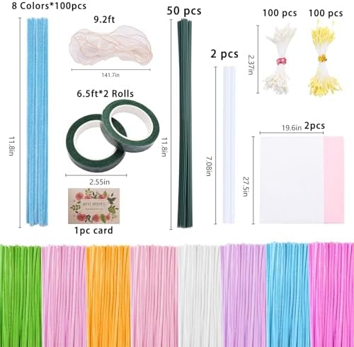 All-in-One Pipe Cleaners Flower Kit, 800 PCS DIY Flower Bouquet Making Kit with 8 Colors Pipe Cleaners, Floral Wire, Tape, Wrapping Paper & Video Tutorial, Handmade Gift for Adults, Teens, Beginners - Image 3