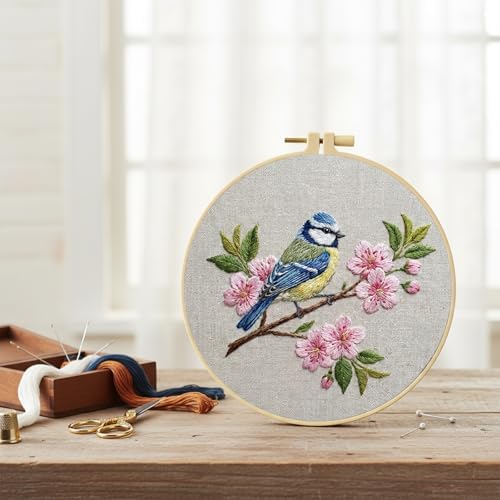 FRANDEK DIY Peach Blossom Bird Stamped Embroidery Kit with Hoop for Adults - Image 2