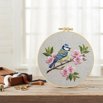 FRANDEK DIY Peach Blossom Bird Stamped Embroidery Kit with Hoop for Adults - Image 2