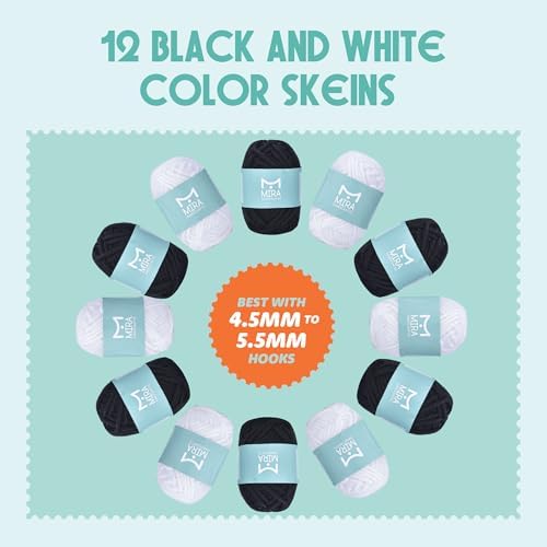 Mira Handcrafts Crochet Set for Beginners – 264 Yards Soft, Premium Acrylic Yarn for Crocheting – 12 Black and White 10g Skeins – Strong, Lightweight Yarn for Knitting and DIY Crafts for Kids & Adults - Image 4