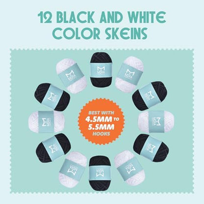 Mira Handcrafts Crochet Set for Beginners – 264 Yards Soft, Premium Acrylic Yarn for Crocheting – 12 Black and White 10g Skeins – Strong, Lightweight Yarn for Knitting and DIY Crafts for Kids & Adults - Image 4