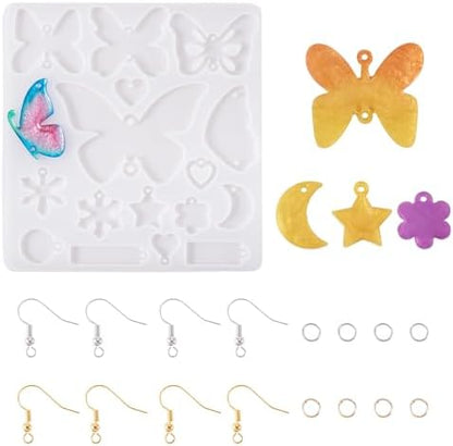 Craftdady 1Pcs Butterfly Silicone Mold Earring Making Kit Love Heart Star Moon Snowflake Rectangle Jewelry Resin Casting Mold with Brass Earring Hooks Jump Rings for DIY Craft Jewelry Making Supplies by Craftdady