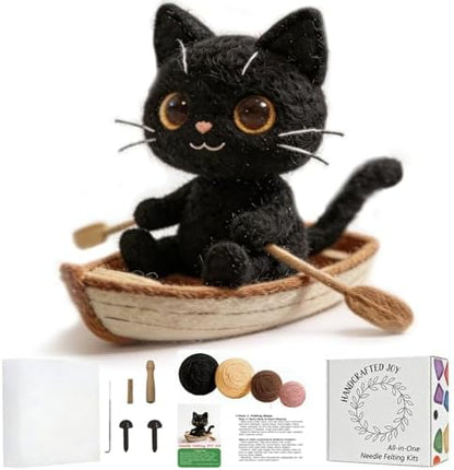 DIY Needle Felting Kit Black Cat in Rowing Boat – Needle Felting Starter Kit with Fiber Roving, Needles, Felting Pad & Instructions | Felted Cat Kit for Beginners Adults | Unique DIY Craft Gift by FaceNFace