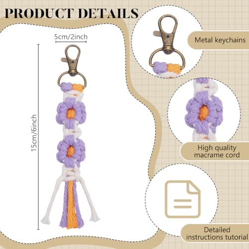 16Pcs Colorful Daisy Keychain Making Kit with Instruction, Adult Boho Macrame Cord Keychain DIY Craft Supplies Kits for Beginners, Elegant Daisy Keychains Decoration for Phone, Car, Key - Image 3