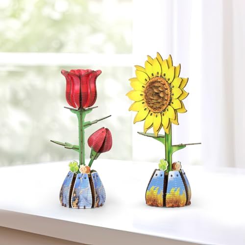 Jege 3D Flowers Wooden Puzzles for Adults,DIY Wooden 2 Flowers per Kit Building Model Set for Home Decor,Ideal Creative Craft Gift Build Kits Toys with 2 Perfume Bottles (Rose + Sun Flower) by Unknown