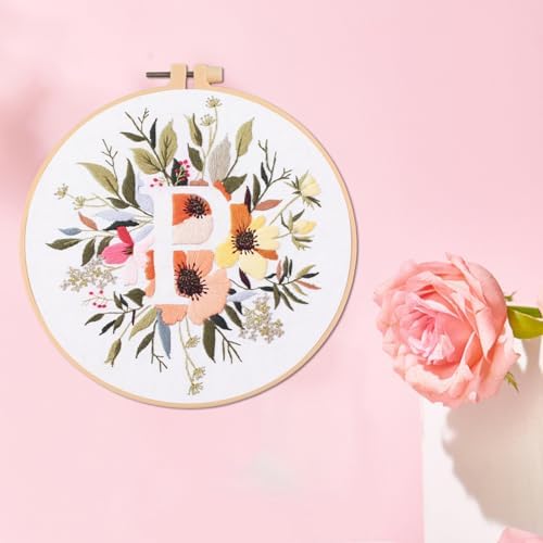IUHUI Embroidery Kit for Beginners Adults - 26 Floral Letters Easy Patterns, DIY Hand Stitching Embroidery Set with Hoop (Flower and Grass Letter P) - Image 3