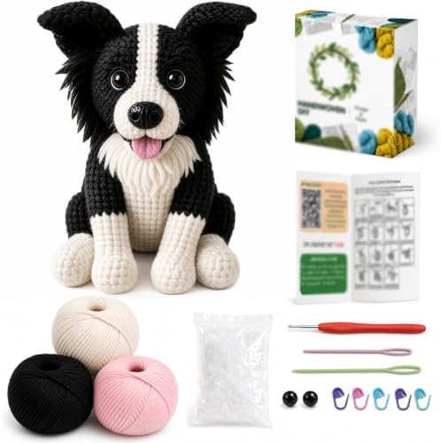 FACE N FACE DIY Crochet Border Collie Dog Kit for Beginners–Amigurumi Stuffed Dog Knitting Kit with Yarn, Hook, Safety Eyes & Step-by-Step Instructions–Easy Beginner Crochet Craft for Dog Lovers by FaceNFace