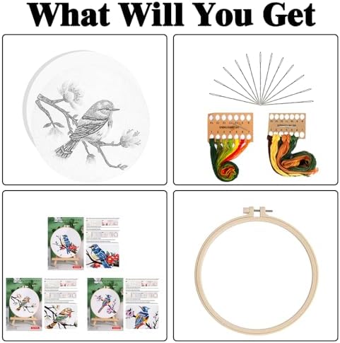 GLTAYLMY 3 Sets Embroidery Kit for Beginners Needlepoint Cross Stitch Kits for Adults,Stitch Learning DIY Kit with Easy Instruction,Stamped Bird Embroidery Patterns,Hoop,Threads,Sewing Hobby - Image 2