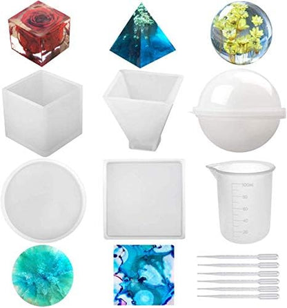 Silicone Resin Molds 5Pcs Resin Casting Molds Including Sphere, Cube, Pyramid, Square, Round with 1 Measuring Cup & 5 Plastic Transfer Pipettes for Resin Epoxy, Candle Wax, Soap, Bowl Mat etc by Repinsta