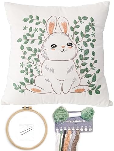 FONNUY Easter Throw Pillow Case Embroidery Kit, Eucalyptus Leaves Happy Rabbit Bunny Stamped Pattern Kits for Audlt Beginners, Hand Works Crafts Throw Pillow Cover, 18 x 18'' (Rabbit 01) by FONNUY