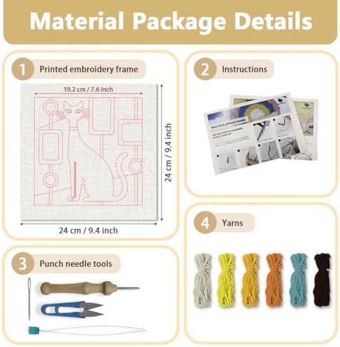 Doodlream Black Cat DIY Punch Needle Embroidery Kit for Adult Beginner, 9.4" Kitten Abstract Punch Stitching Craft Set for Starter with Frame,Fabric Pattern,Threader, Yarn, Pinch Needle - Image 2