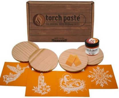 Torch Paste Vintage Christmas Ornament/Coaster Kit the Original Wood Burning Paste | 4 Reusable Stencils | Candle, Manger, Snowflake, Angel | 2 Squeegees | 4 Wood Rounds - Image 2