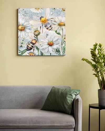 Sunteeny Paint by Number for Adults Beginner Bee Daisy Eucalyptus Floral Plants Rustic Blue Wood Grain DIY Digital Oil Painting by Numbers Picture Drawing On Canvas Framed 16"x16" - Image 3
