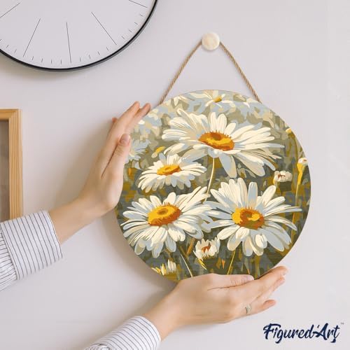 Figured'Art Paint by Numbers Kit for Adults on Wood Slice, 11.8in Diameter - Daisies - Craft Art Painting DIY Canvas - Image 3