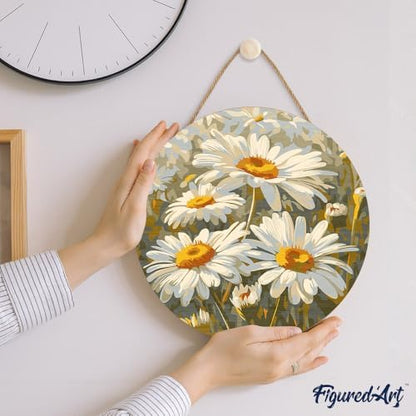 Figured'Art Paint by Numbers Kit for Adults on Wood Slice, 11.8in Diameter - Daisies - Craft Art Painting DIY Canvas - Image 3