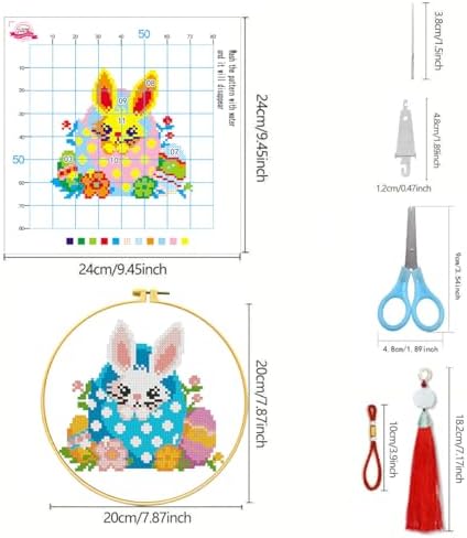 Zhenging Easter Cross Stitch Kit with 4 Bunny & EggPatterns -9.45x9.45 Inch Hoop, Pre-Printed Fabric,Threads, Tools -DlY Easter Craft Gift for Adults, HomeDecor - Image 3