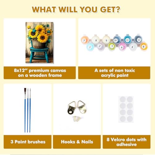 Bowetile Framed Paint by Numbers Sunflower Kit for Adults, Adults' Paint-by-Number Flowers Kits on Canvas, Painting by Numbers Chair, DIY Acrylic Number Painting for Home Wall Decor, 8x12in - Image 6