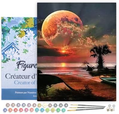 Figured'Art Paint by Numbers for Adults with Frame Full Moon and Beach Front 16"x20" - Craft Art Painting DIY Kit Canvas Already Stretched on a Wooden Frame by FiguredArt