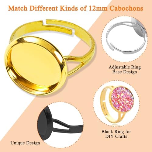 Oubaka 64pcs Blank Rings 12mm Adjustable Blank Rings Adjustable Flat Ring Metal Round Finger Ring Trays Round Pad Ring Trays Adjustable Ring Blanks Bezel Trays for Rings Making DIY Crafts(8 Colors) - Image 3