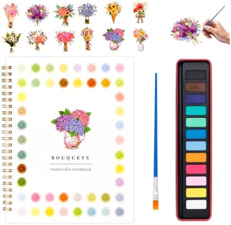 Watercolor Workbook for Adults, Beginner Friendly Watercolor Painting Kit Bouquet Water Coloring Book, Nature-Themed Practice Art Gift Water Color Paint Book with Palette and Brush by Kivzex