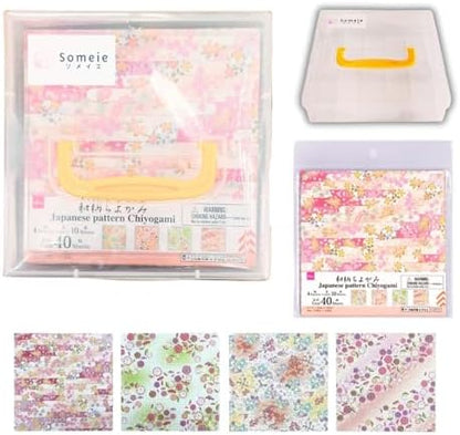 Someie｜Origami Paper for Kids｜Origami kit｜Kids Craft｜6 Inch (15cm) Origami Paper Storage Container ｜Japanese Pattern Sheets 4 Pattern×10 Sheet Each Total 40 Sheets (Japanese Pattern：flower) by Someie