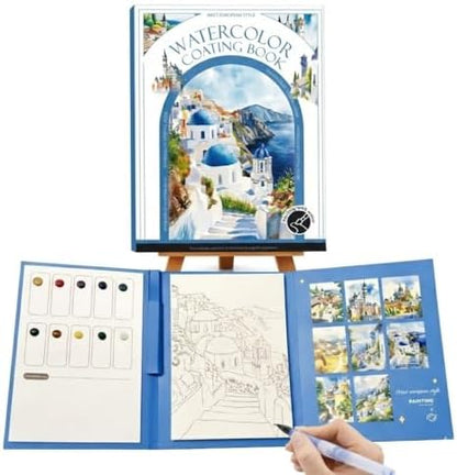 Stress Relief Watercolor Book Painting Kit, All-in-One Portable Watercolor Workingbook with 12-Color Pigment Card & Water Brush Pen, Relaxing Creative Tri-Fold Painting Set for Beginners and Adults by Unknown
