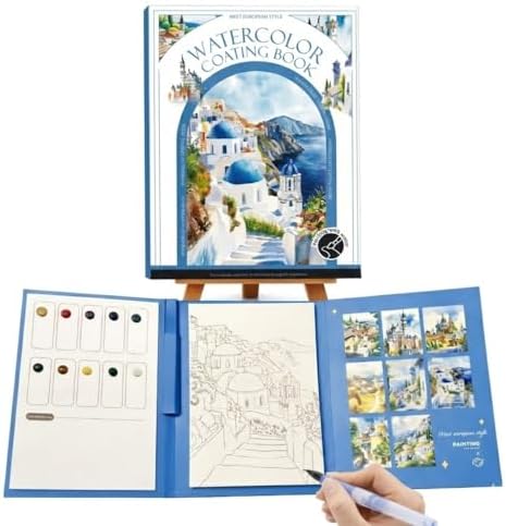 Stress Relief Watercolor Book Painting Kit, All-in-One Portable Watercolor Workingbook with 12-Color Pigment Card & Water Brush Pen, Relaxing Creative Tri-Fold Painting Set for Beginners and Adults by Unknown