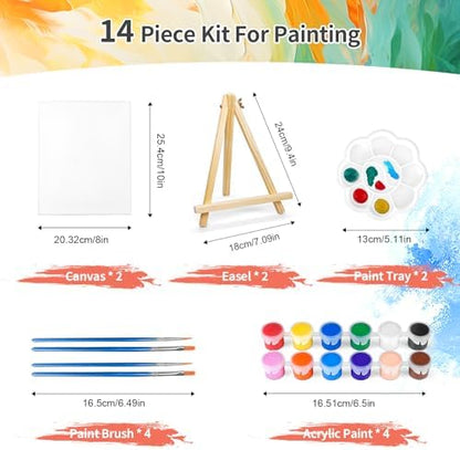 2 Pack 8 * 10In Canvas Boards for Painting, Art Canvas for Drawing with 4 Brushes & 2Paint Trays & 4 Acrylic Paint, Mini Painting Canvas with Easel Set, Painting Kits for Adults Party - Image 2