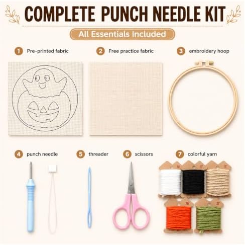 Punch Needle Kit for Beginners Adults-Pumpkin Ghost, with Embroidery Hoop - Image 2