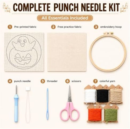 Punch Needle Kit for Beginners Adults-Pumpkin Ghost, with Embroidery Hoop - Image 2
