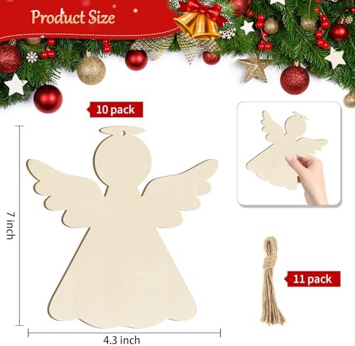 Large Christmas Wooden Ornaments to Paint 10Pcs, DIY Blank Unfinished Angel Wood Cutout Ornament for Crafts Hanging Decorations, Thanksgiving Wedding Birthday Party Decoration - Image 7