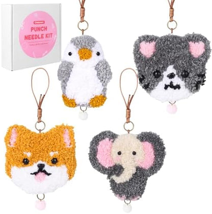 Punch Needle Kit Adult Beginner, 4 Cute Animal Hanging Ornaments All Tools by Cheloment