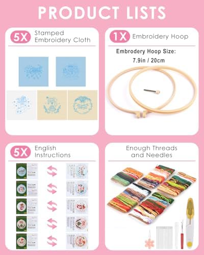 TINDTOP Christmas Embroidery Kit for Adult, 5 Pack Embroidery DIY Starter Kit, with Stamped Patterns, Hoop, Tools, Colorful Threads with Needles, Instructions - Image 2