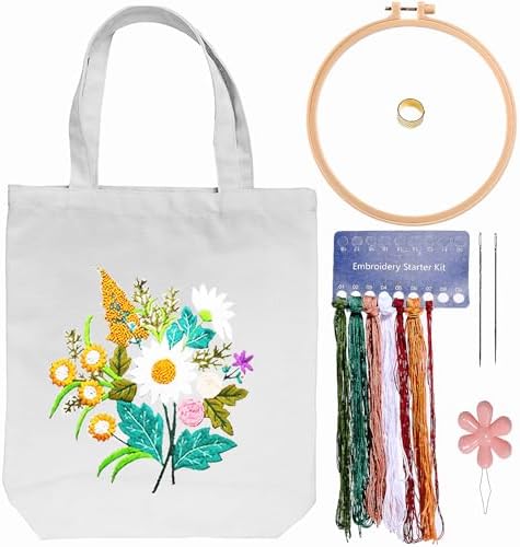 CREAWONDER Canvas Tote Bag Embroidery Kit with Pattern for Beginners, Arts and DIY Embroidery Crafts Kits for Adults, Include Instructions, Thimble, Embroidery Hoops, Color Threads and Tool by Unknown