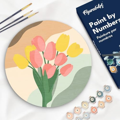Figured'Art Paint by Numbers Kit for Adults on Wood Slice, 11.8in Diameter - Bouquet of Tulips - Craft Art Painting DIY Canvas by FiguredArt