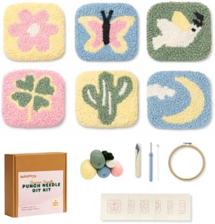 Kukovaya Punch Needle Kit for Beginners & Adults; Complete DIY Embroidery 6-Coaster Kit with Printed Fabric, Yarn, Needle, Hoop & Guide Easy Craft Kit for Home Decor, Gifts & Stress Relief by Unknown