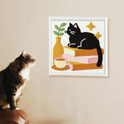Doodlream Cat on Books Needle Kit for Beginner, 9.4"x 9.4" Coffee and Plant Punch Stitching Craft Set, Color DIY Embroidery Starter with Printed Frame, Instruction, Threader, Yarn, Pinch Needle - Image 6