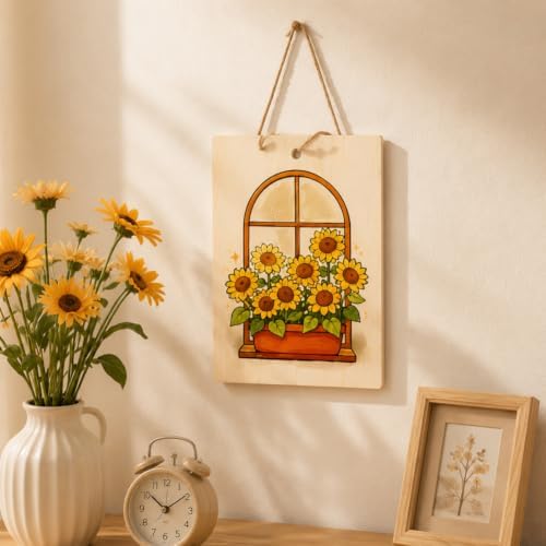 15 Pcs Unfinished Wood Crafts to Paint for Adults, 5.9x4.7 Inch Sunflowers Paintable Wood Slices Craft Supplies with Ropes, Bulk Predrilled Wooden Ornaments for DIY Painting Craft Decor - Image 5