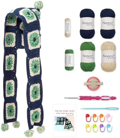 Noocro Complete Crochet Kit for Pom-Pom Granny Square Scarf Hood, DIY Yarn Kit, Detailed Instructions, Step by Step Video Tutorial, Beginner-Friendly, Intermediate Crocheter Craft Set (Navy Moss) by Noocro