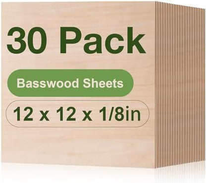 Rowood 30 Pack Basswood Sheets 1/8,3mm Basswood for Laser Cutting,Adult Craft Project Kits,Thin Unfinished Wood for DIY Ornaments,Wood Engraving Burning Architectural Model by RowoodAssembleArtDecorateLife