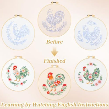 Mindsoft 3 Set Needlepoint Kit for Beginners with Hoop,Flower Rooster - Image 4