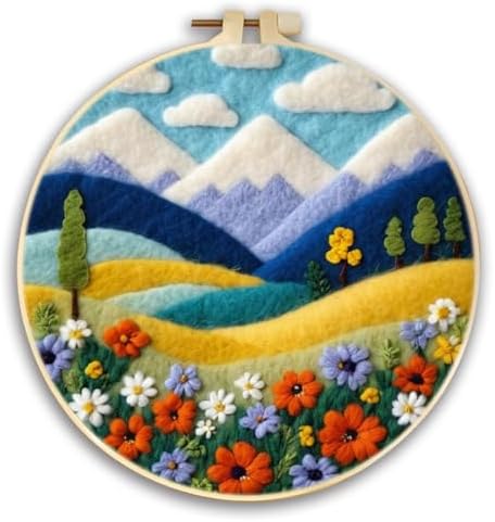 CaptainCrafts DIY Needle Felting Starter Kit with Picture Hoop, Foam Pad, Felt Cloth, Instructions for Home Decoration, Beginner Art Craft (Mountain Flower Landscapes Scenery) by CaptainCrafts