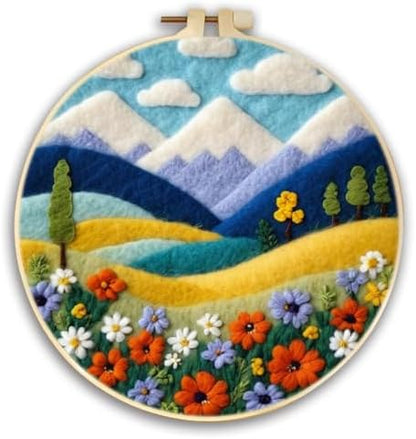 CaptainCrafts DIY Needle Felting Starter Kit with Picture Hoop, Foam Pad, Felt Cloth, Instructions for Home Decoration, Beginner Art Craft (Mountain Flower Landscapes Scenery) by CaptainCrafts