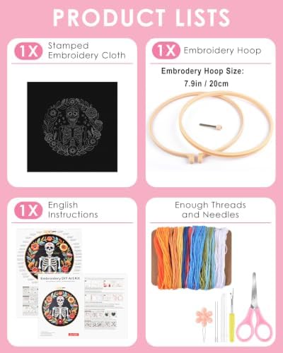 TINDTOP Embroidery Kit for Adult Beginners, Embroidery DIY Starter Kit, with Stamped Patterns, Hoop, Tools, Colorful Threads with Needles, Instructions (Skeleton A) - Image 2