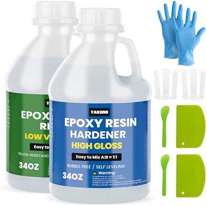 TAKIMO 68OZ Crystal Clear Epoxy Resin Kit, 1:1 Self-Leveling, Bubble Free by TAKIMO