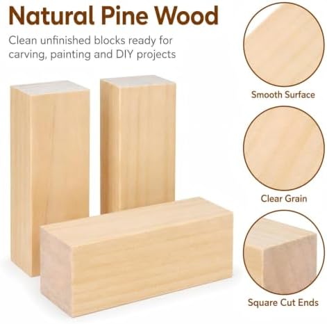 5 Pack Unfinished Wood Blocks, 6 x 2 x 2 Inch Wood Carving Blocks - Image 4