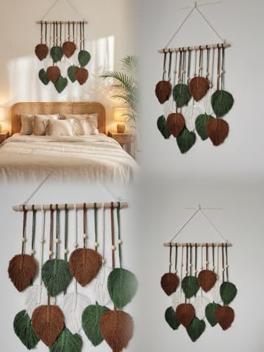 Zqyxiehuo DIY Macrame Leaf Wall Hanging Beginners Boho Wall Leaf Tapestry Kit Handmade Woven Tapestry Feather Wall Hanging DIY Macrame Kit for Adults Birthday Gift 15.8"(Green,Brown) - Image 6