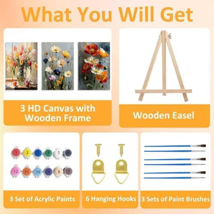 3 Pack Floral Framed Paint by Numbers Kits for Adult with Easel (8x12 inch) - Image 4