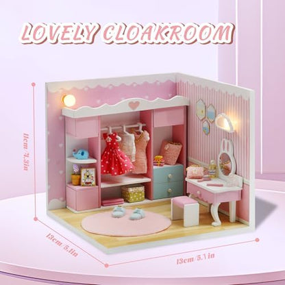Kisoy Dollhouse Miniature with Furniture Kit, DIY 3D Wooden DIY House Kit A Corner of a Small Apartment Style with Dust Cover & LED,Handmade Tiny House Toys for Adults Gift（Cloak Room） - Image 2