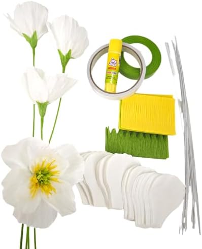 White Crepe Paper Poppy Flower DIY Making Kit for Home Table Centerpieces Decoration Office Wedding 24 pcs by Mybbshower